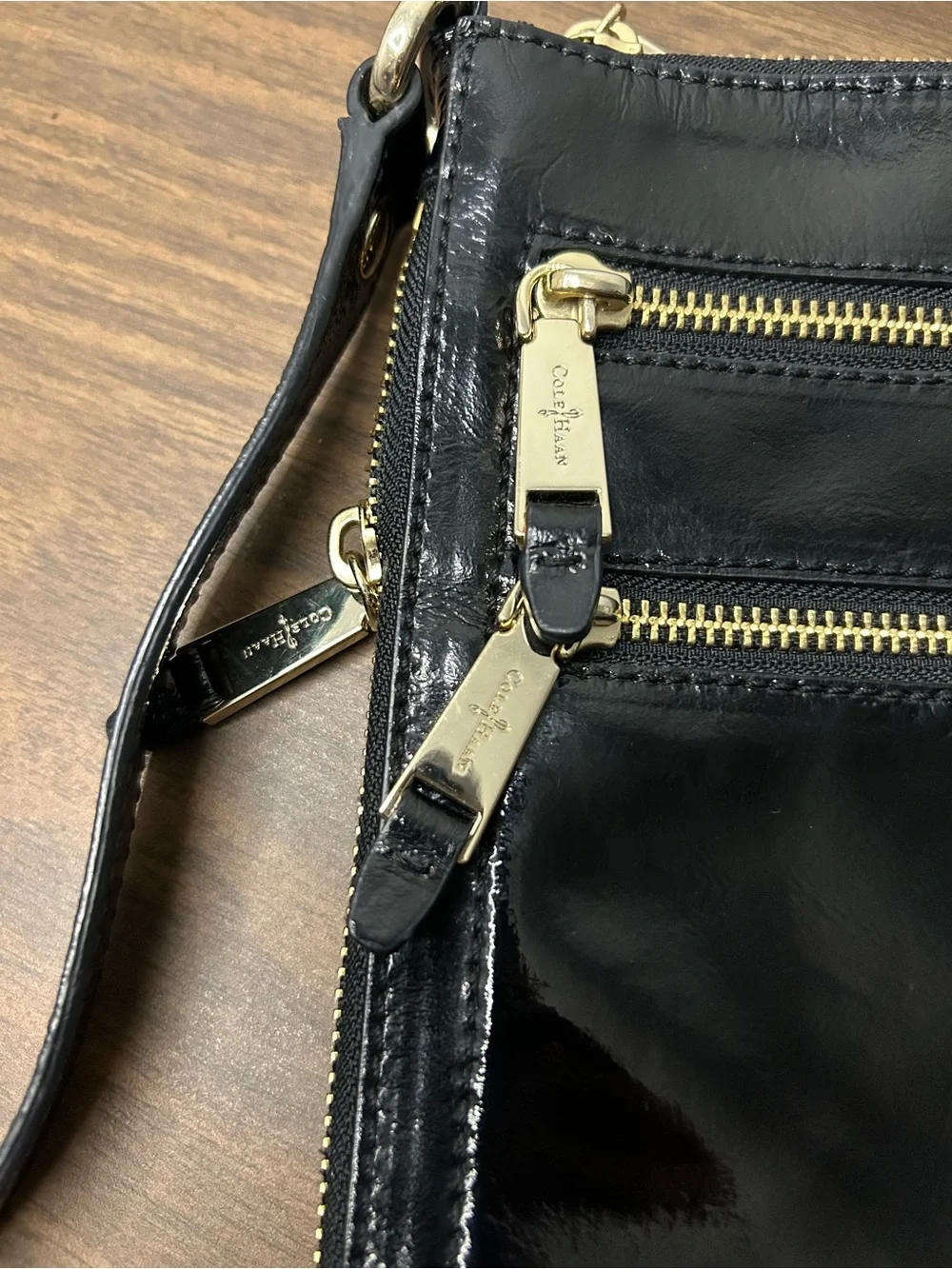 Cole Haan Black Patent Leather Pink Interior Double Zip Crossbody Bag